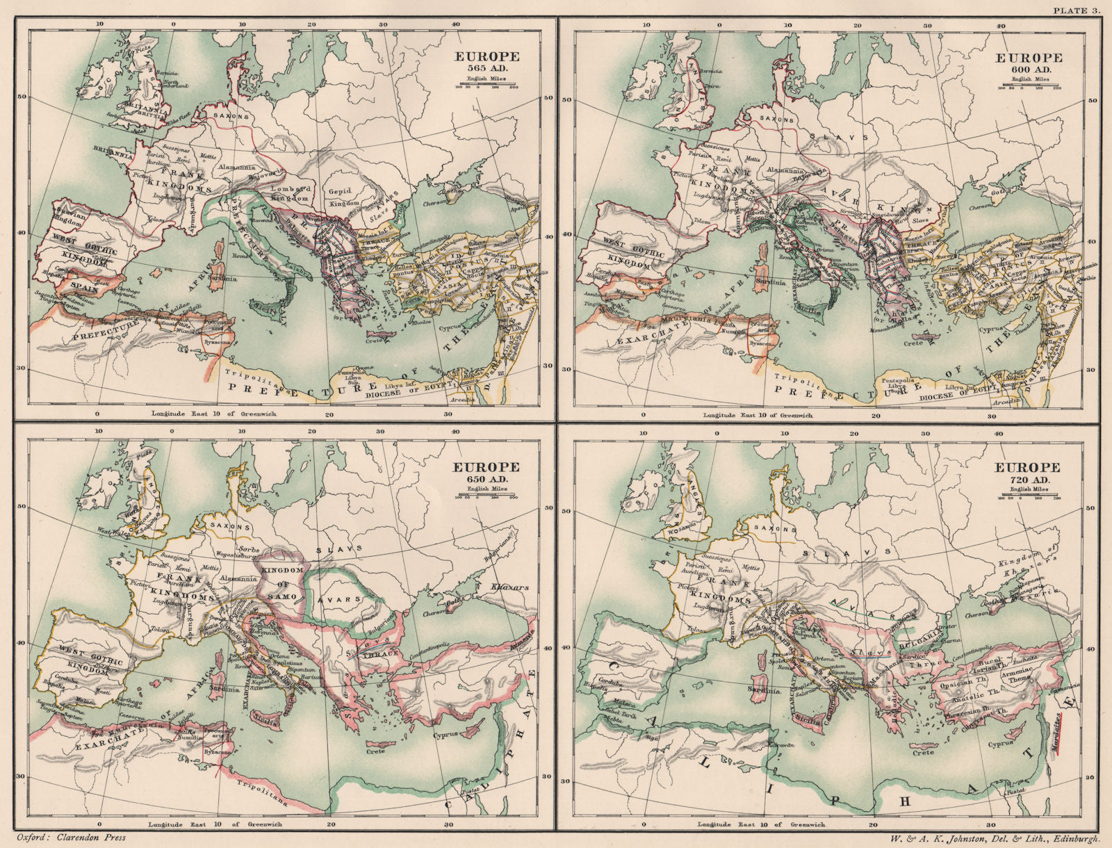 DARK AGES EUROPE. in 565 600 650 & 720 AD. 6th 7th & 8th centuries 1902 map